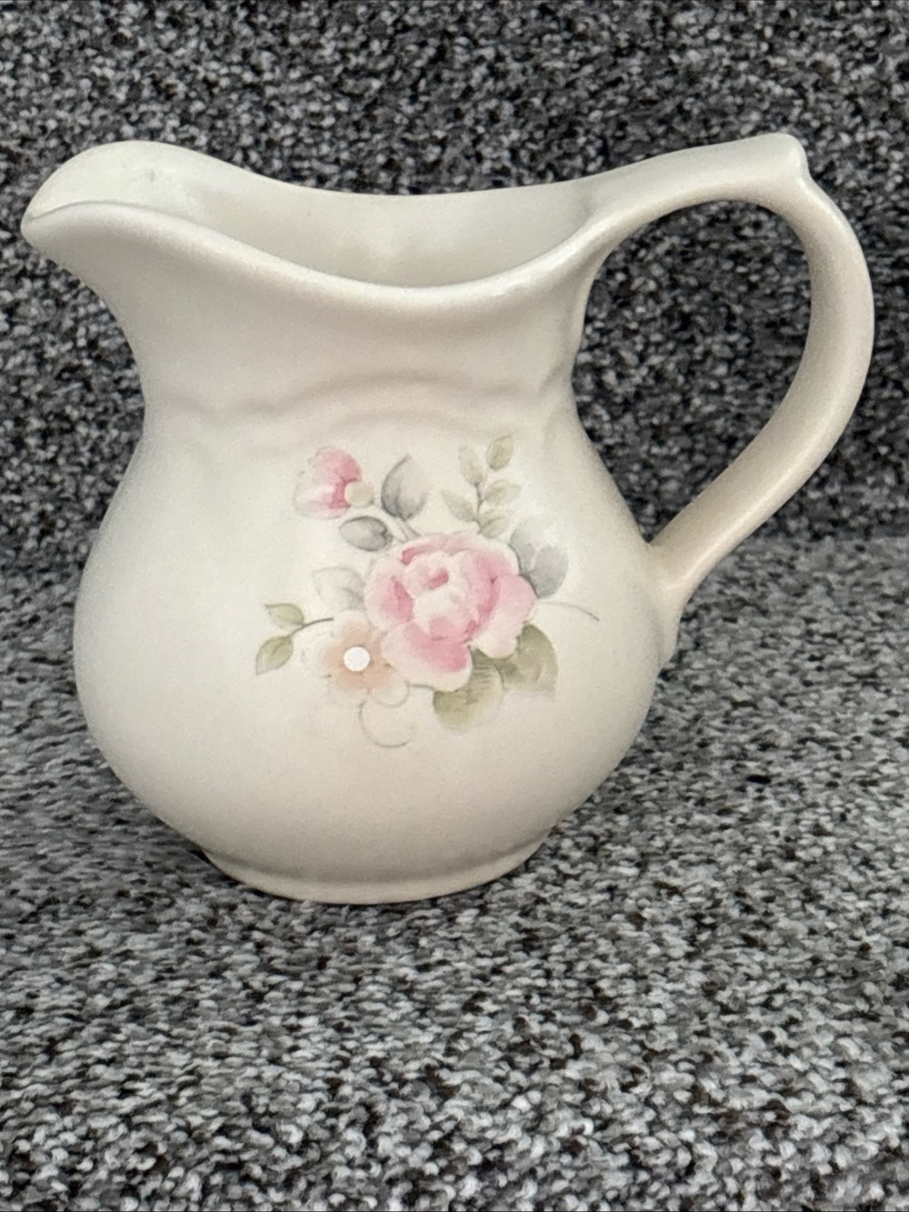 Vintage Pfaltzgraff Cream Ceramic Pitcher with Pink Rose and Green Leaves